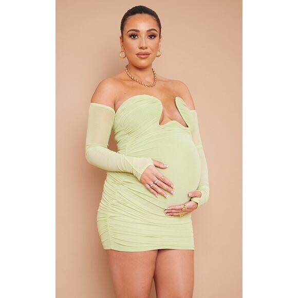 PrettyLittleThing Maternity Bodycon Dress US 6 / UK 10 Green  Mesh Cup Mini NWT - Picture 1 of 12